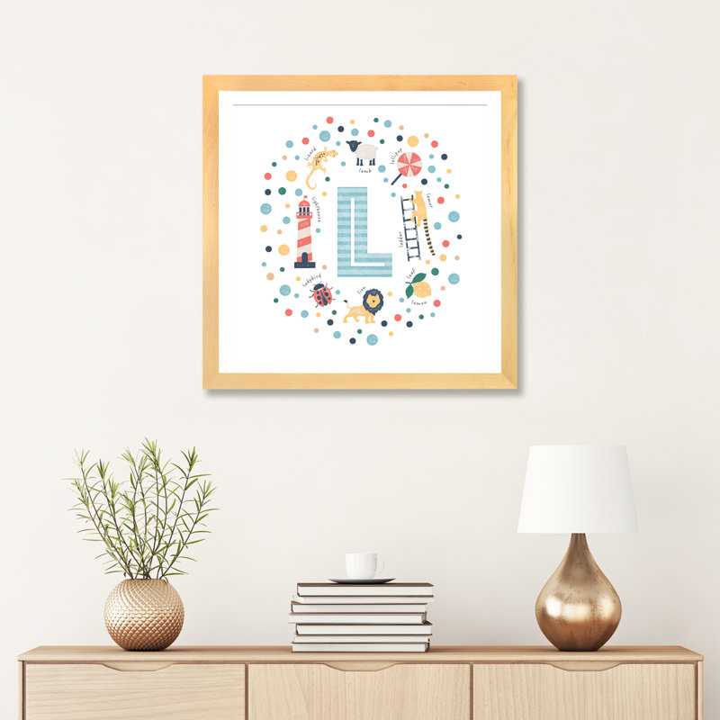 Lettre illustrée L bleue - impression, Blanc, H 24 po x l 24 po x p 1 po, Papier avec cadre beige