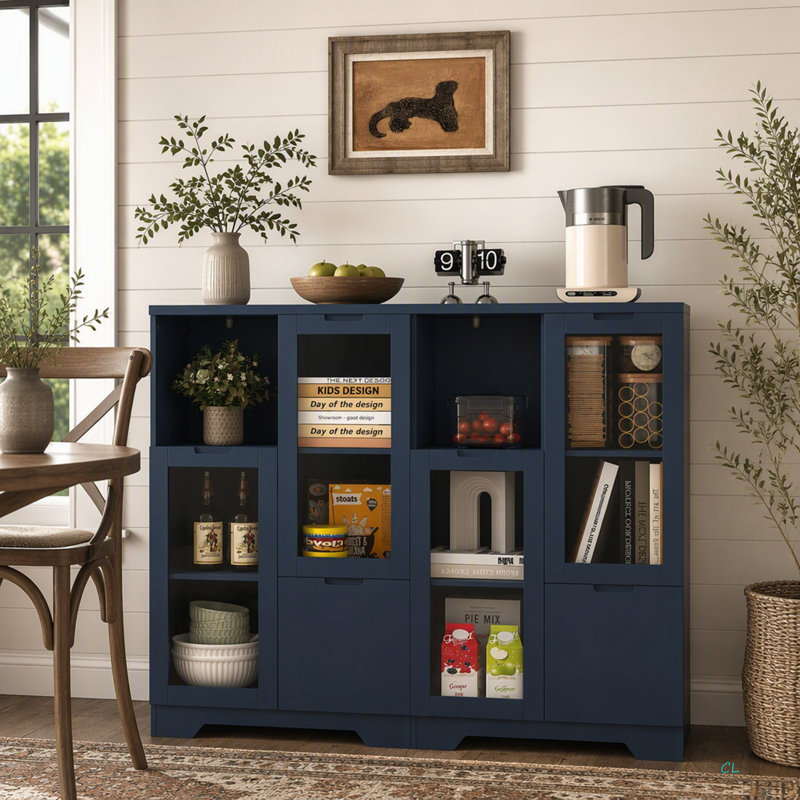 Armoire de plancher en bois avec 2 portes en verre et 2 espaces de rangement, entrée de salle de bain de salon, Bleu