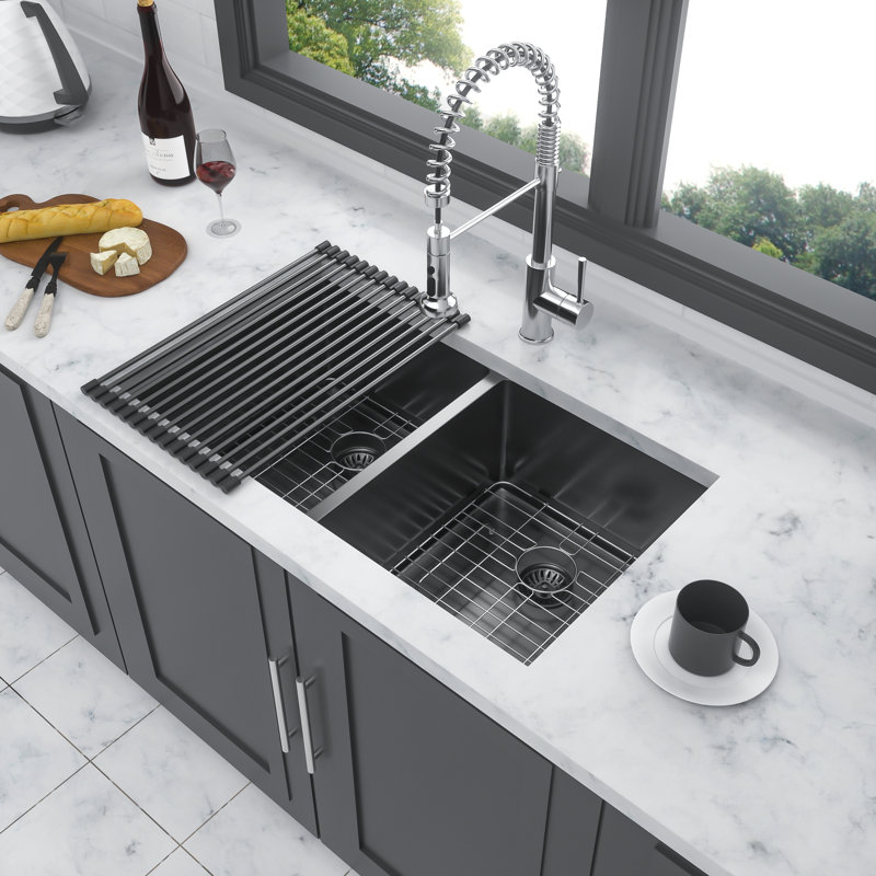 16 Gauge Gunmetal Black 33" Double Bowl  50/50  Undermount Kitchen Sink, 10" Deep, Hand - Crafted With Rear 3.5 Drain, X Grooves For Efficient Liquid Removal, Sound Dampening Layers, Condensation