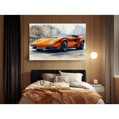 Classic Orange Lamborghini Countach Canvas Art - Retro Cityscape Wall Decor for Car Enthusiasts Available in Multiple Sizes, Painting Reproduction