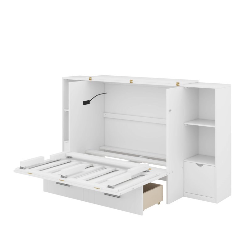 Grand lit escamotable avec tablettes, tiroirs et port USB, Blanc