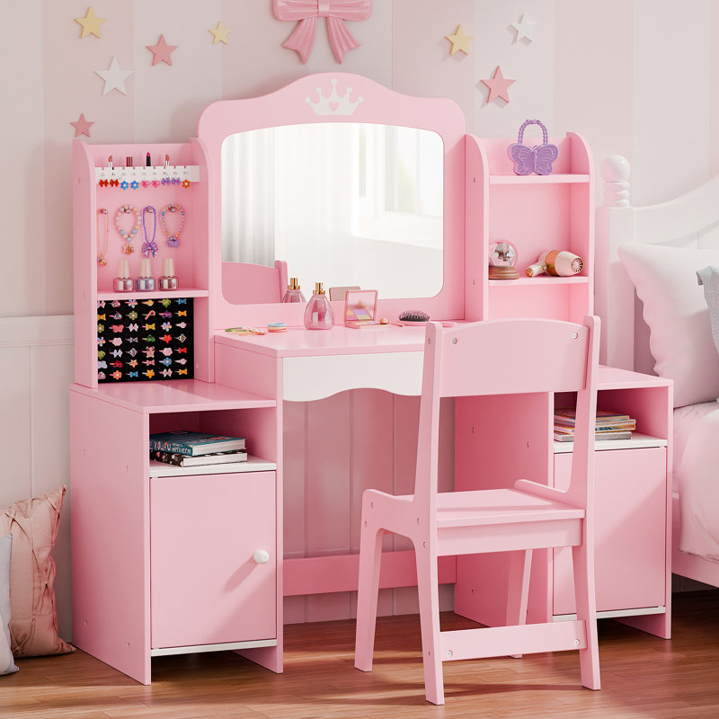 Kids Vanity Set With Stool And Mirror, Pink