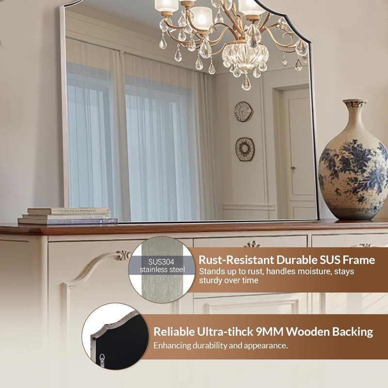 Scalloped Arch Bathroom Vanity Mirror with Curved Top | Stainless Steel Frame, Brushed Nickel, 28" x 32"