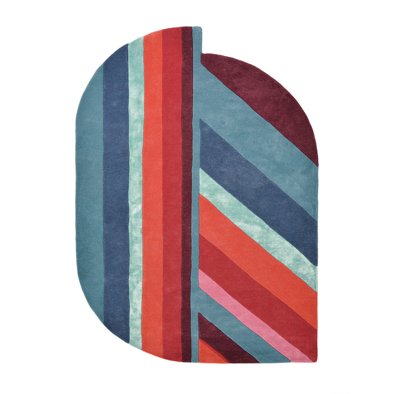Wool Geometric Area Rug in Blue/Red, Novelty 4'7" x 6'7"