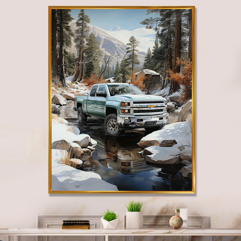Choual, camionnette blanche Winter Wilderness - impression, H 32 po x l 16 po x P 1 po, Cadre flottant doré