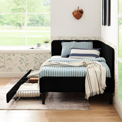 Lit simple, lit en velours réglable, 2 tiroirs de rangement, cadre de lit noir, assise longue, plateforme limitée à 300 lb avec revêtement de style moderne pour la décoration de la chambre à coucher