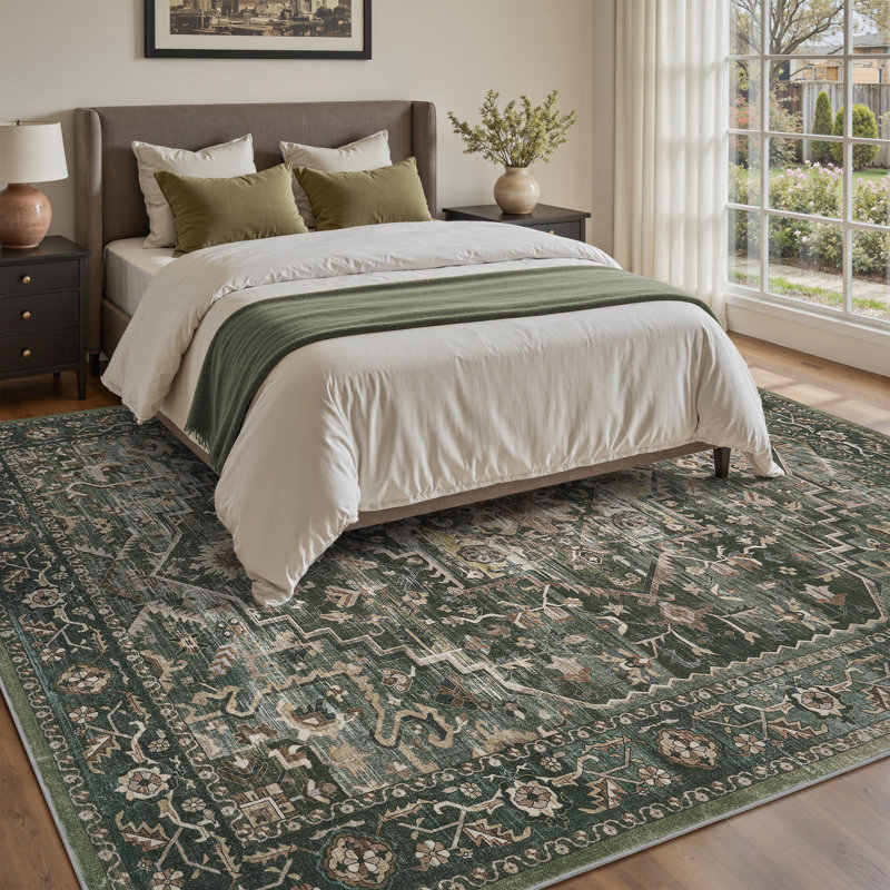 Tapis floral vert doux lavable à la machine avec envers antidérapant pour le salon et la chambre à coucher