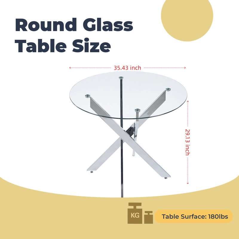36'' Round Tempered Glass Dining Table with Modern Silver Metal Legs, Seats 2-4, Round-Silver