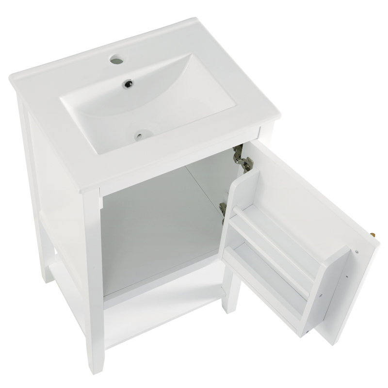 Meuble-lavabo de salle de bain avec lavabo, porte à fermeture douce, support de rangement, tablette ouverte, Blanc