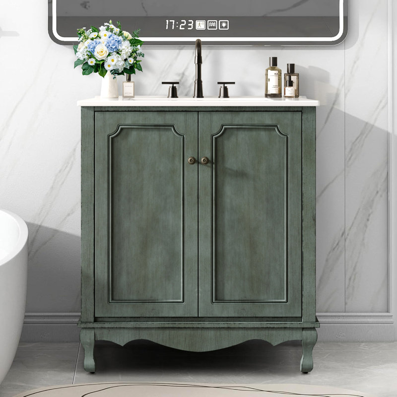 Vintage Bathroom Vanity With Rectangle Ceramic Sink,antique Blue