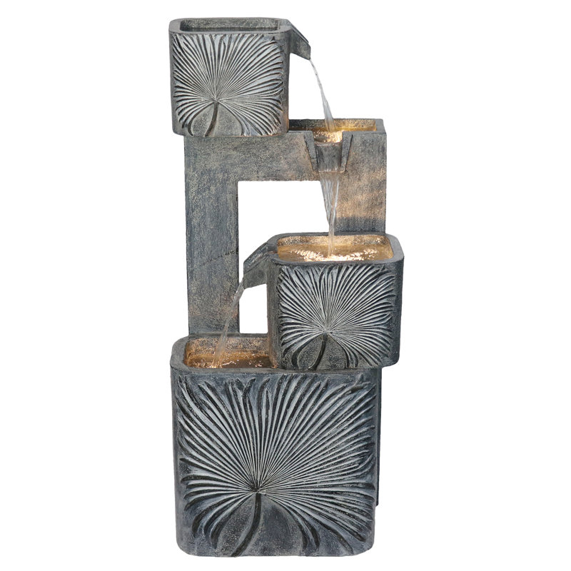 Modern Gray Concrete Tiered Outdoor Fountain with LED Lights