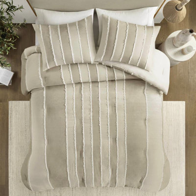 3 pièces édredon taupe très grand / très grand - rembourrage 100% coton à rayures alternées et garniture contrastante lavable à la machine grande taille rayé par