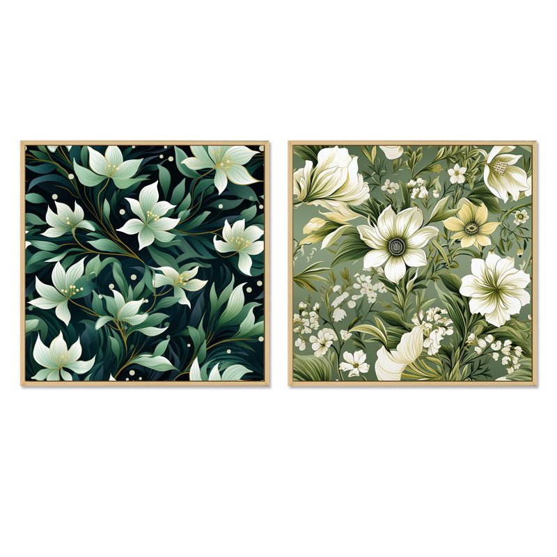 Langelier - Ensemble de 2 collages carrés floraux, Cadre flottant brun, H 36 po x l 73 po