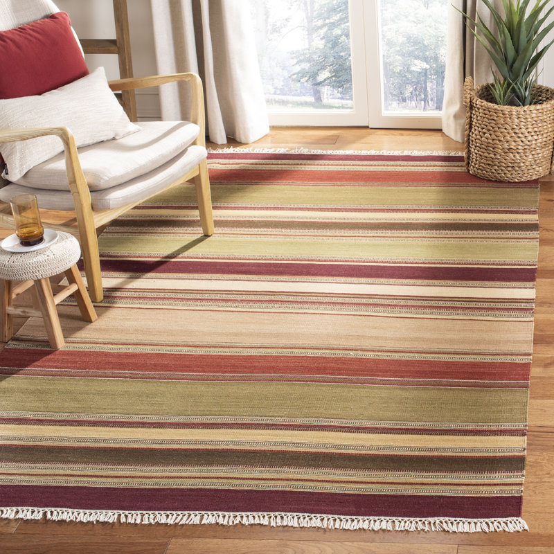 Basler Kilim Hand Woven Wool/Cotton Striped Rug in Brown/Green/Beige, Rectangle 4' x 6'