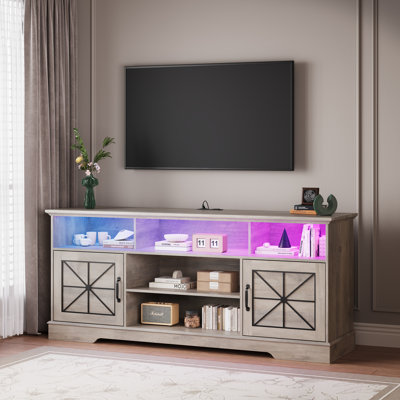 59"W Farmhouse TV Stand with Lights, Entertainment Center with 2 Cabinets 5 Hidden Storage, Media Console for TVs up to 70", Sliding Barn Door, Living Room Bedroom Furniture