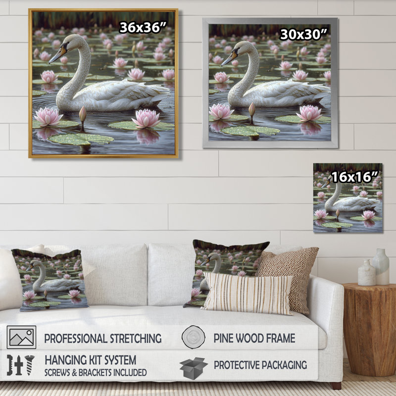 Jens - Swans Animal Wall Art Living Room, Toile avec cadre flottant brun, H 30 po x l 30 po x P 1 po