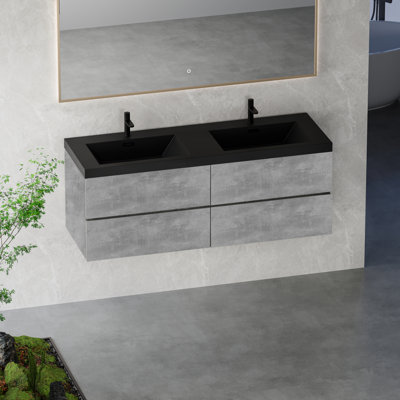 Meuble-lavabo flottant de 60 po avec lavabo, meuble-lavabo mural moderne avec deux lavabos à quartz noir et quatre tiroirs à fermeture en douceur, gris ciment EDI-Series GF-24V12-60GR