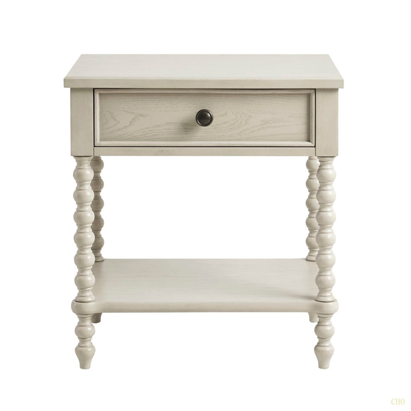 Table de chevet traditionnelle avec tiroir et tablette inférieure ouverte, Crème antique