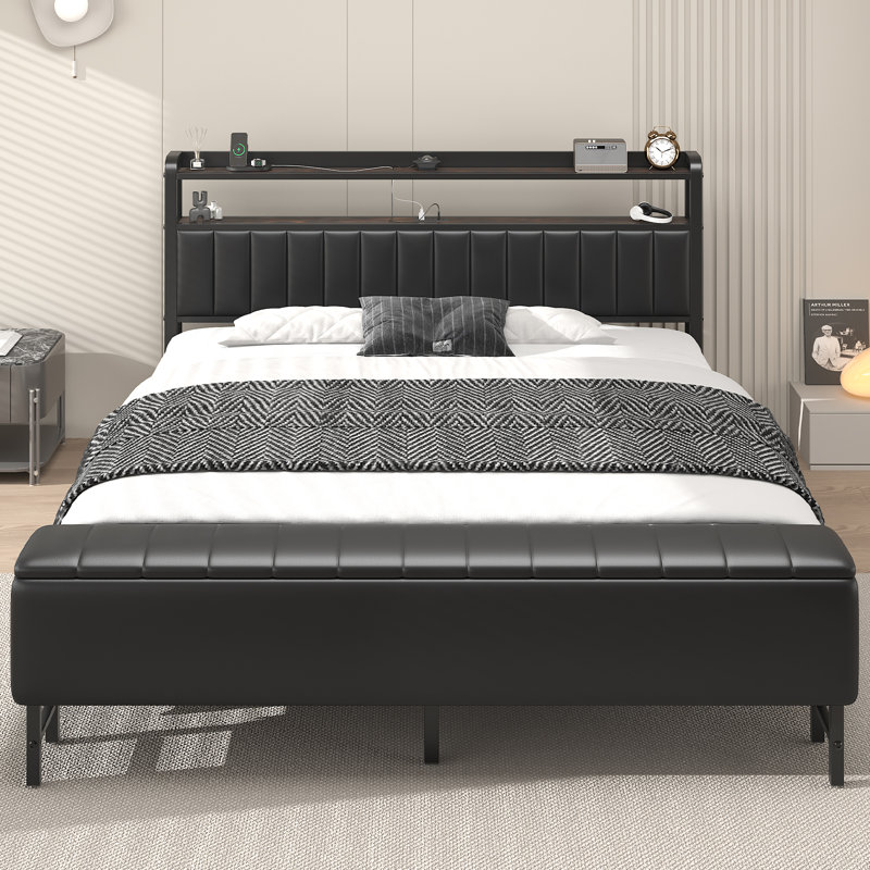 Modern Upholstered Platform Bed with a Starry Sky Projector, Built-in Storage Bench, Convenient Charging Station, Easy Assembly