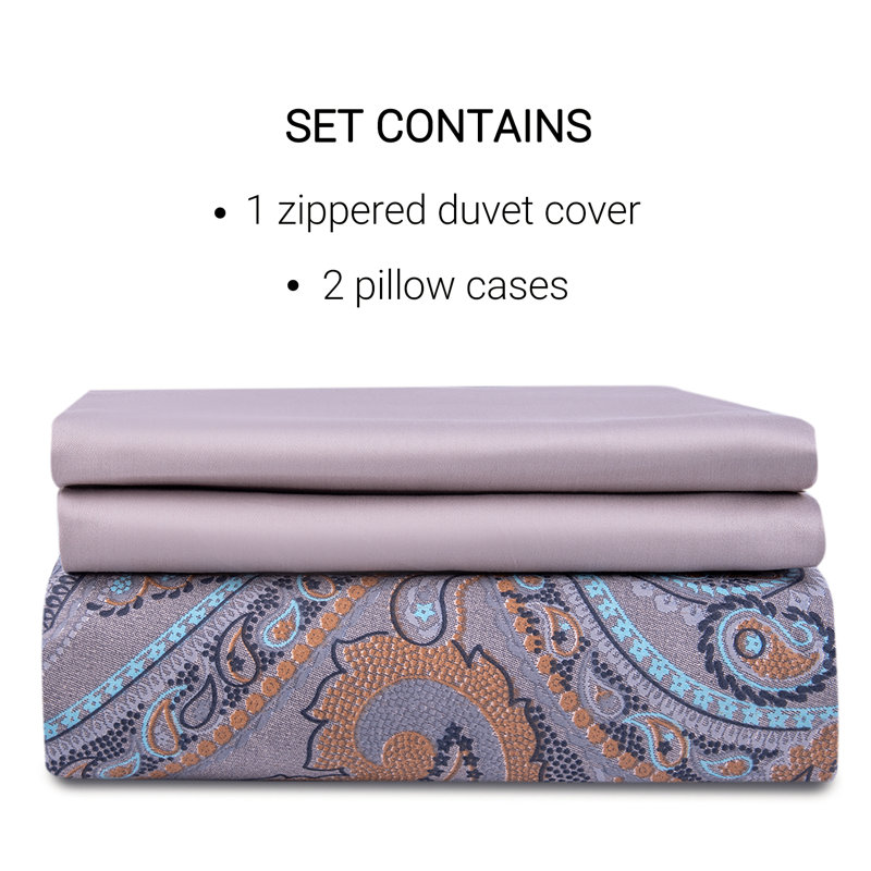 Queen Cotton Sateen Paisley Duvet Cover Set with Pillowcases