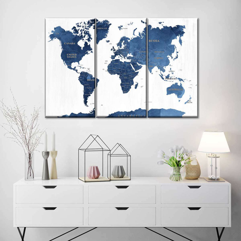 «Blue Textured World Map», reproduction sur toile, H 24 po x l 38 po x 1,25 po