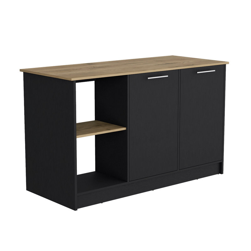 Kitchen Island with Large Top Surface, Double Door Cabinet, and Open Shelves, Black