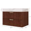Meuble-lavabo mural simple de 76 cm (30 po) en noyer cannelé, avec lavabo en céramique et comptoir en pierre frittée blanche veinée.-322801059