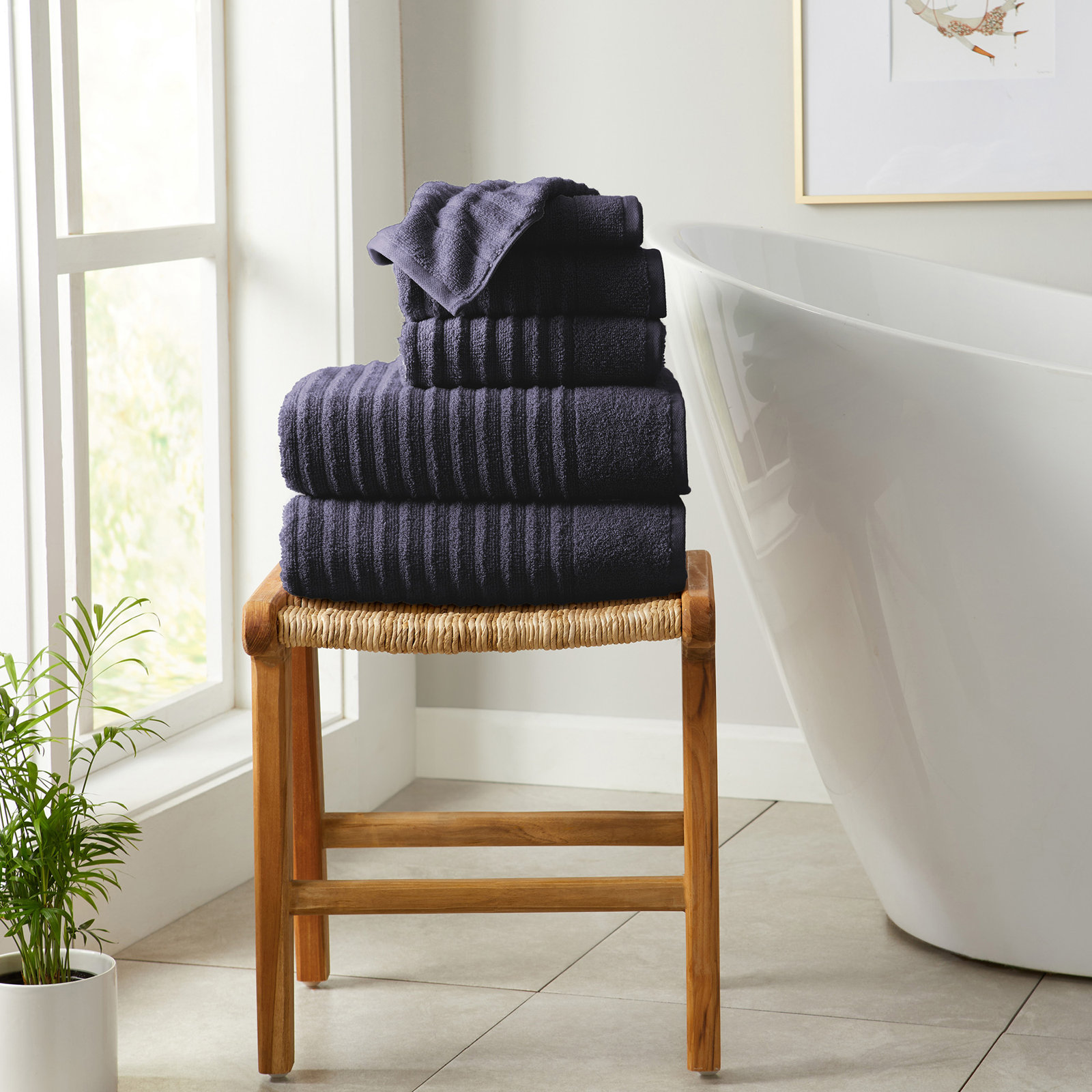 Zero-Twist Cotton Ribbed Hand Towels, 6 Piece Towel Set, Navy Blue