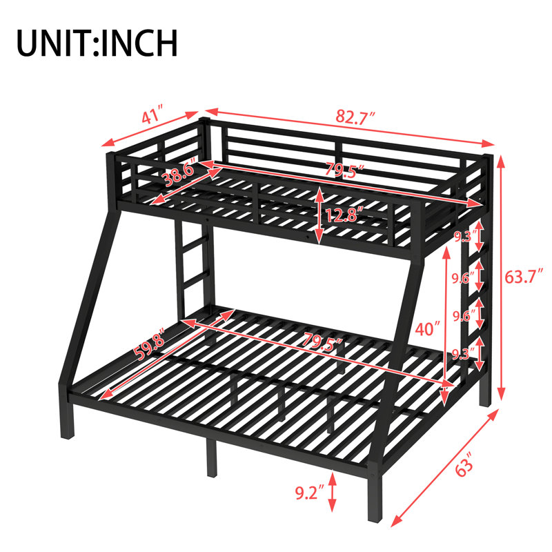 Metal Twin XL Over Queen Bunk Bed For Teens And Adults,Space-Saving/Noise Reduced/No Box Spring Needed,Black, Black