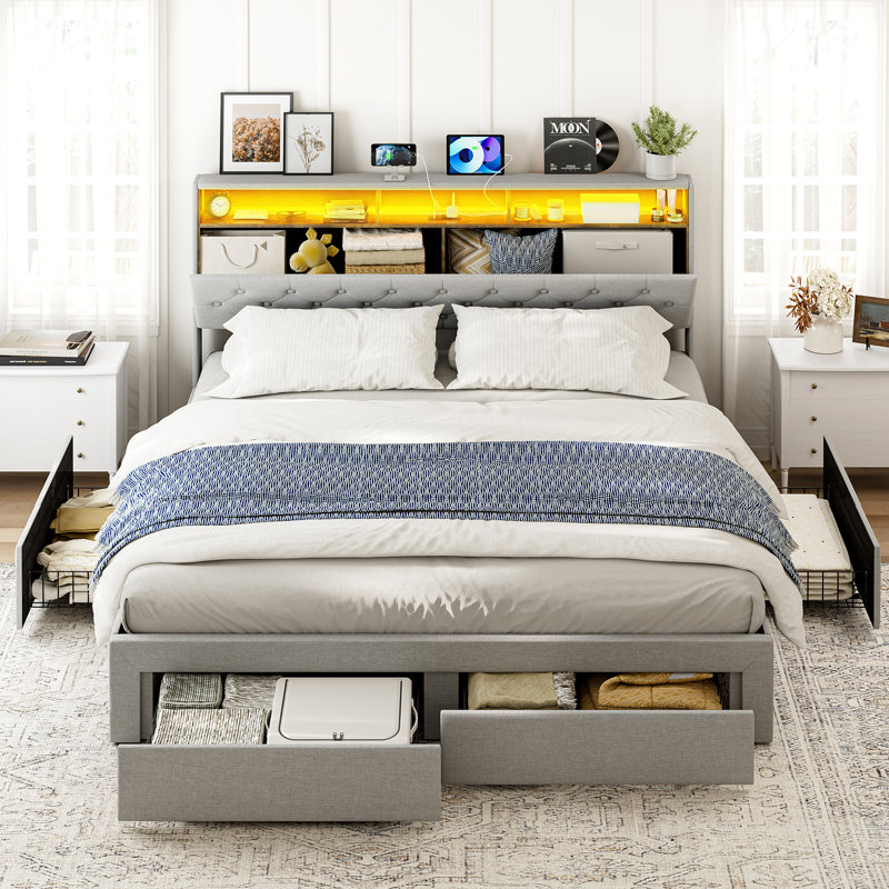 California King Size Bed Frame With 4 Storage Drawers, Upholstered Platform Bed With Led Lights, Hidden Storage Headboard, Charging Station, No Box Spring Needed, Solid Wood Slats, Noise Free, Light Grey