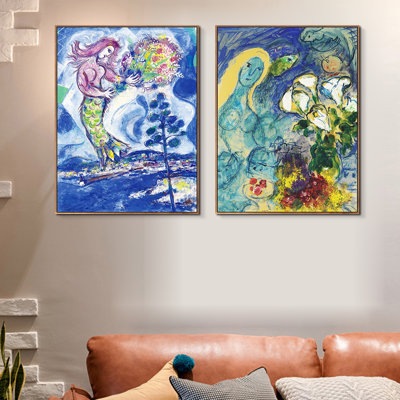 Ensemble de 2 tableaux encadrés, reproductions giclées sur toile, d'après Marc Chagall (série n° 20), idéal pour la décoration du salon, de la maison ou du bureau (cadre fin couleur bois, 61 x 81 cm chaque pièce).