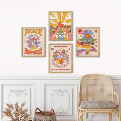 " Peace Happness Crowing Stay Groovy Blessing Quotes " 4 Piece Art Textual Art Print