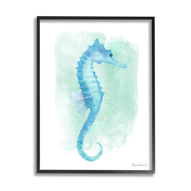 Hippocampe bleu, vie aquatique, Giclée encadrée noir minuit, H 14 po x l 11 po x P 1,5 po