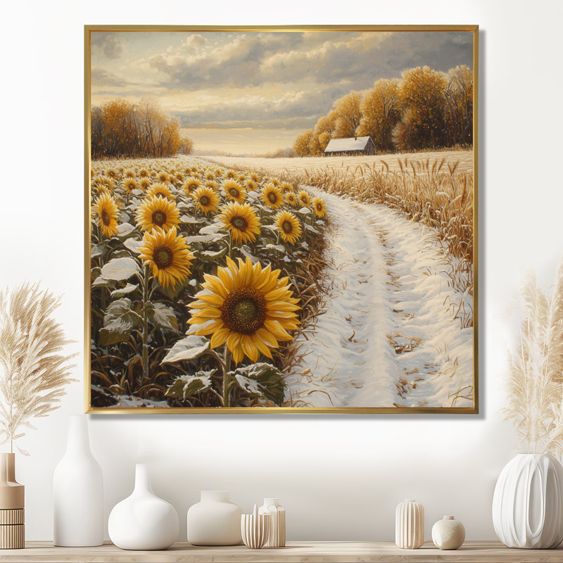 Donnitta tournesols le long du chemin enneigé I - Art mural tournesols, H 36 po x l 36 po, Impression encadrée flottante