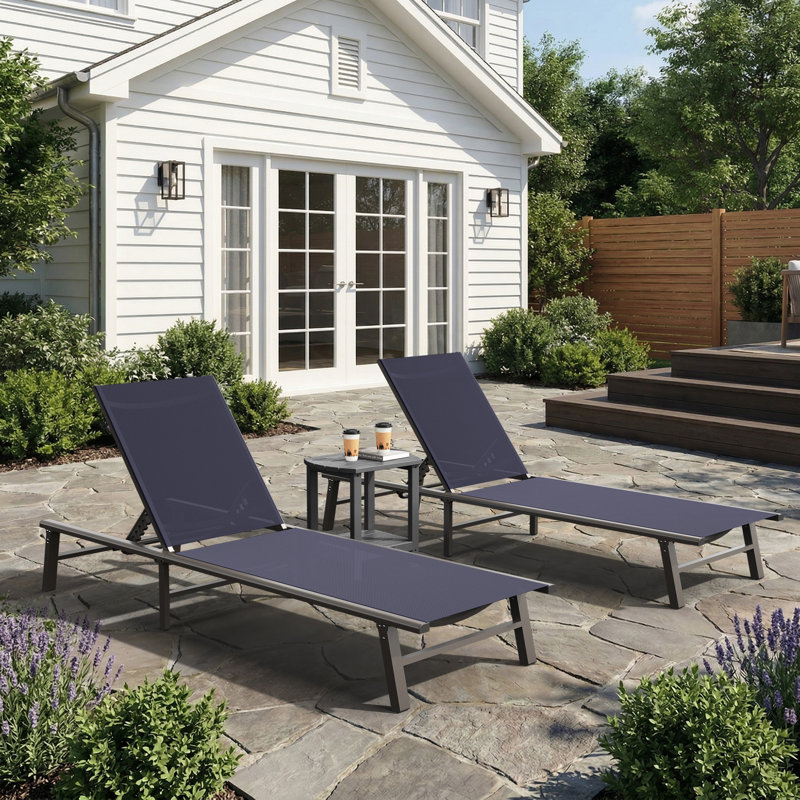 Outdoor Patio Aluminum Chaise Lounges With Adjustable Reclining Back (Set of 2), Navy Blue