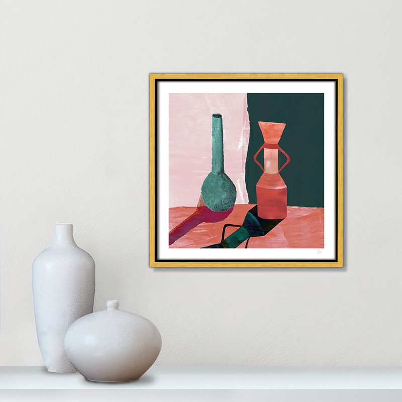Imprimé vases sarcelle et terracotta par Violets Print House, L 13,5 po x H 13,5 po, Framed Canvas, Flotteur doré
