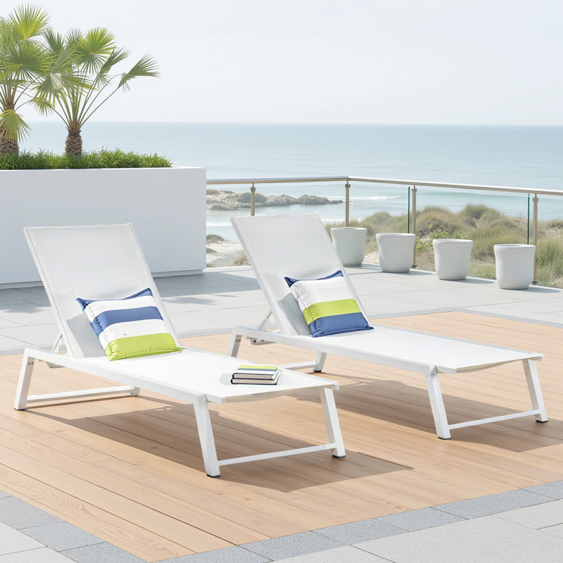 Chaise longue d'extérieur blanche 2 pièces, patio et fauteuil inclinable réglable