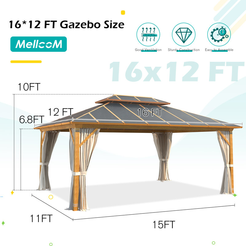 14 Ft. W x 12 Ft. D Outdoor PRO Premium Hardtop Gazebo with Aluminum Frame & Double Galvanized Steel Roof, Heavy Duty Permanent Pavilion with Netting & Curtains for Patio, Lawn, Deck