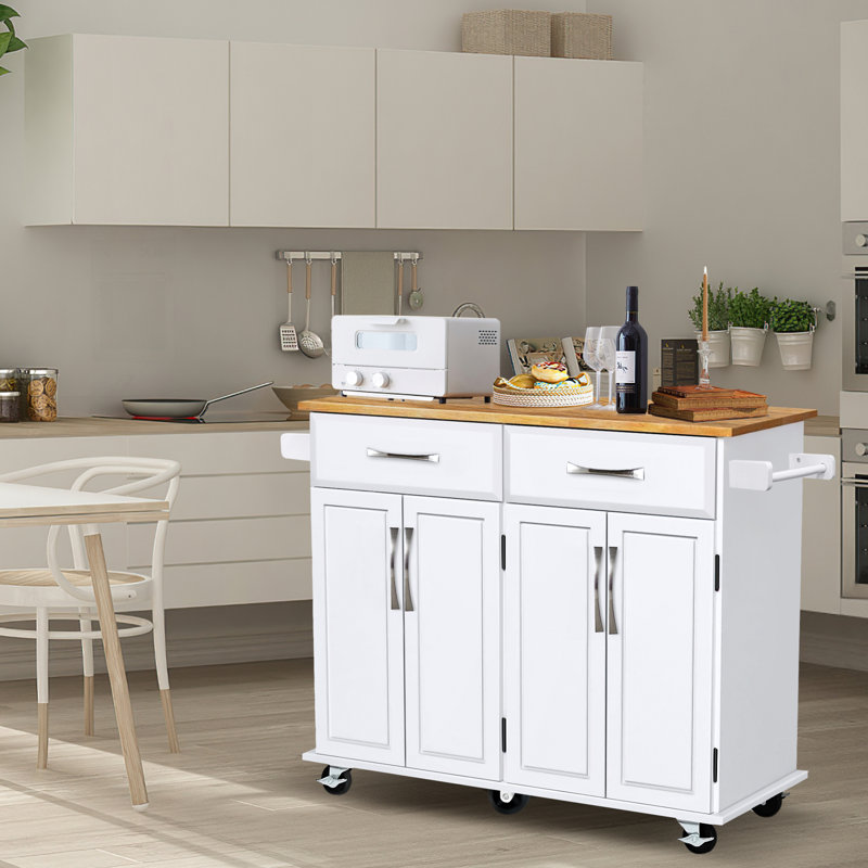 Chariot pour îlot de cuisine sur roulettes avec tiroirs de rangement et armoires, chariot de cuisine avec comptoir en bois d'hévéa