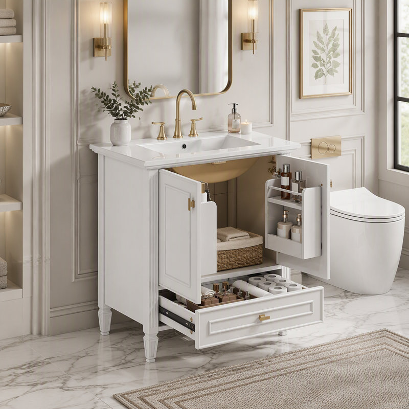 Meuble-lavabo 30 po avec lavabo, meuble-lavabo autoportant avec 1 tiroir et 2 portes à fermeture en douceur avec rangement pour porte, structure et pieds en bois massif, un paquet, blanc