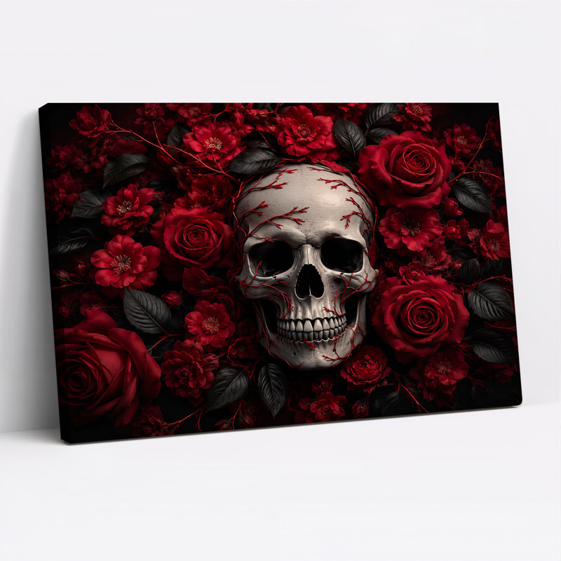 Toile grise grise entourée de roses rouges et d'art d'Halloween sur toile noire, H 12 po x l 18 po