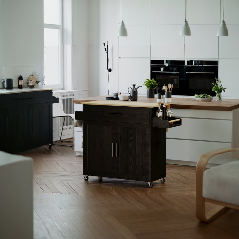 Îlot de cuisine Red Barrel Studio® avec rangement, îlot de cuisine sur roulettes avec abattant, armoire de rangement, tiroir, porte-épices, porte-serviettes, chariot de cuisine pour la cuisine, noir