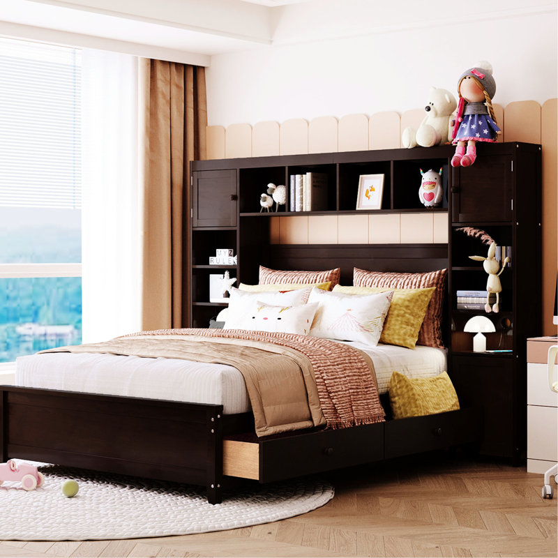 Lit double en bois avec tablette intégrée et armoire - solide et stable, Espresso