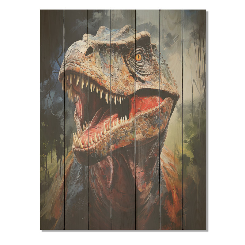 Portrait de dinosaure préhistorique bleu et gris - dinosaure sur bois, H 40 po x l 30 po