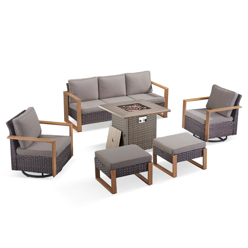 Ensemble de conversation d'extérieur 6 pièces avec fauteuils pivotants et table de foyer carrée Palomares, Gris, Brun