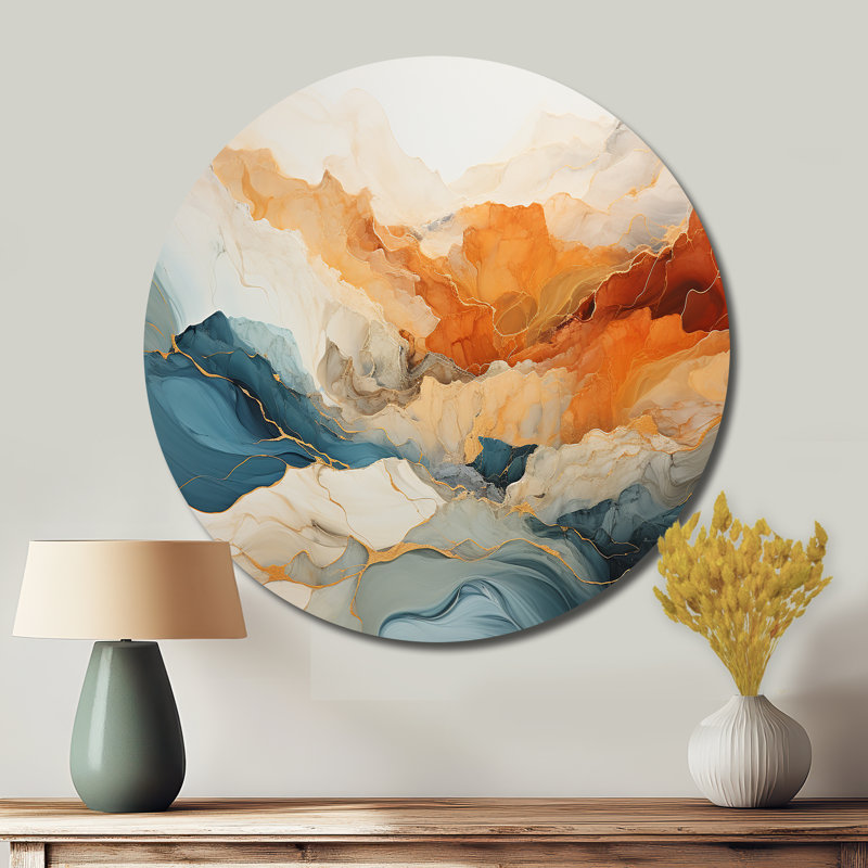Abstrait orange et bleu, encre bleue - Art abstrait rond en métal, H 36 po x l 36 po