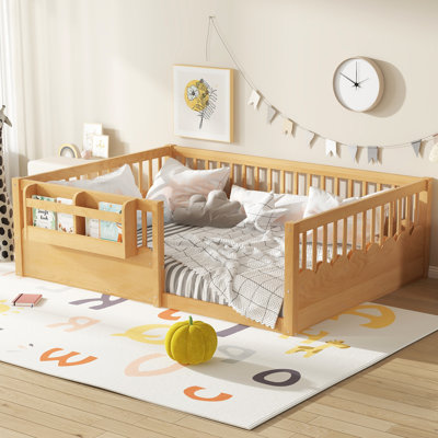 Full Floor bed with Heightened Fence and bookshelf ,Wood Floor Bed for Kids,Natural.