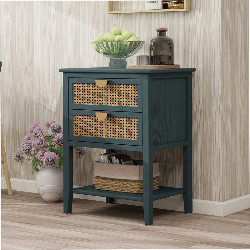 2 Drawer Side table,Naturel Rattan,End table,Side table,End table,Nightstand, Green
