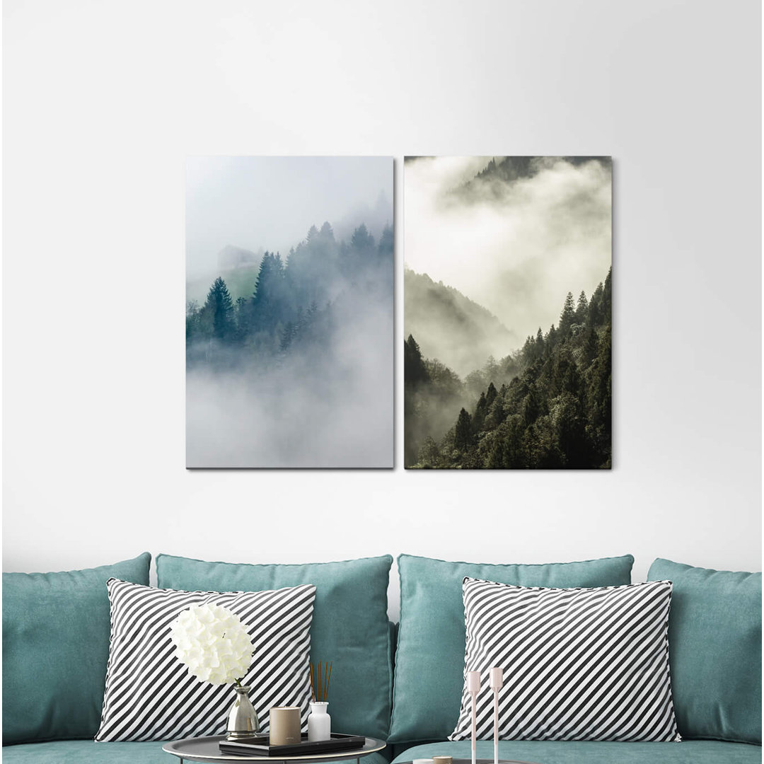 2-tlg. Leinwandbilder-Set - Fotografie „Fir Forest Trees Fog Clouds Nature Untouched Morning Dew”