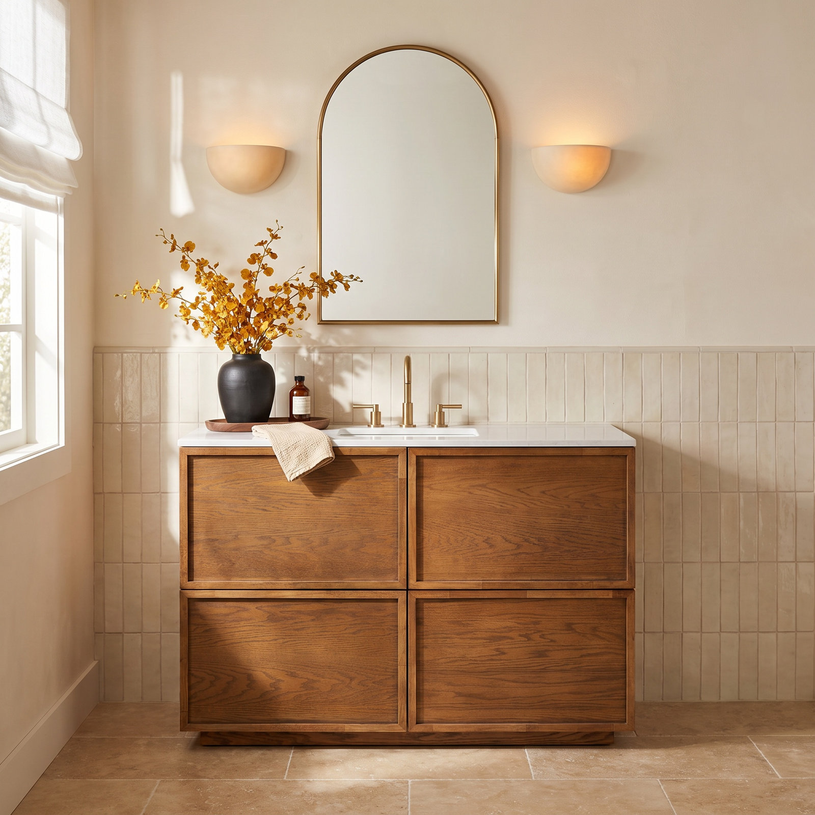 Hudson 48" Genuine Marble Single Bathroom Vanity, Medium Oak